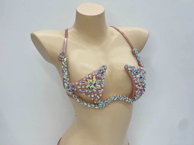 Dancing Bra Women's Pink Rhinestone Beaded Halter Top Open Cup Rave Dancewear
