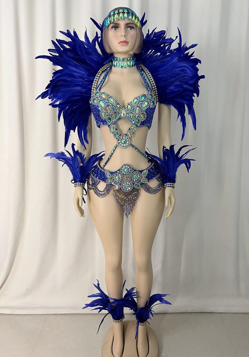 Carnival Dance Costume, Women's Red and Yellow Feathered Embellished Sequin Mardi Gras Outfit