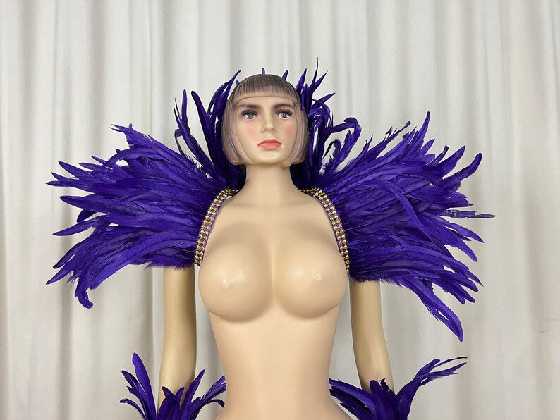 Feather Dance Costume, Women's Red Yellow Feathered Sequin Trim Shoulder Piece Armbands Ankle Cuffs, Carnival Samba Latin Dance