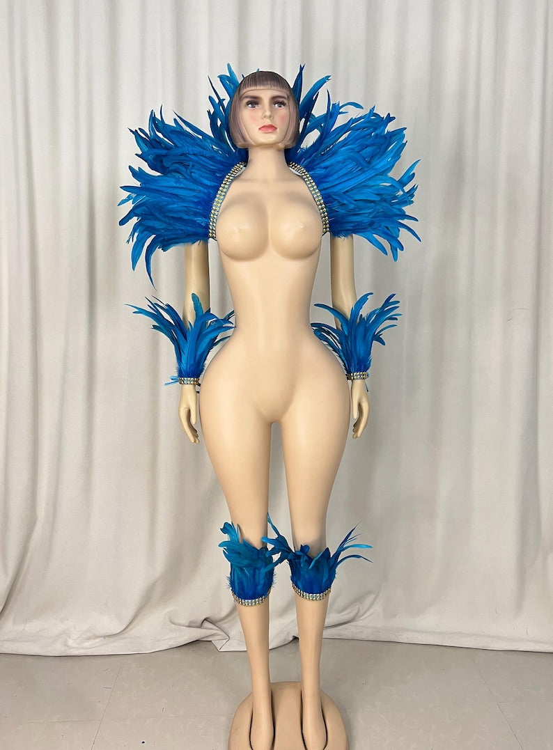 Feather Dance Costume, Women's Red Yellow Feathered Sequin Trim Shoulder Piece Armbands Ankle Cuffs, Carnival Samba Latin Dance