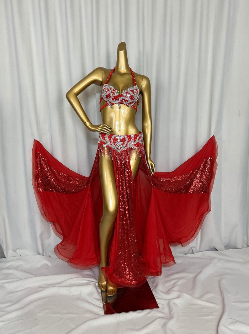 Belly Dance Costume Womens Red Sequin Embellished Halter Bra and Slit Skirt Set with Tassels, Chiffon and Sequin Fabric