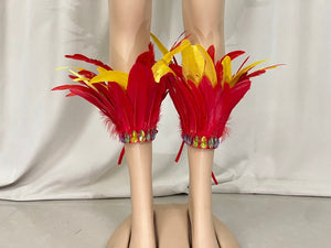 Carnival Dance Costume, Women's Red and Yellow Feathered Embellished Sequin Mardi Gras Outfit