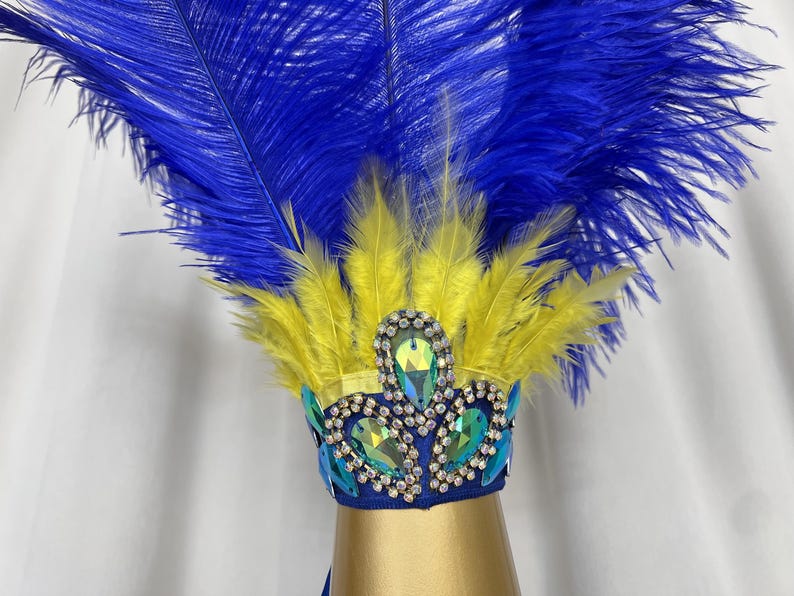 Carnival Dance Costume Women's Blue & Yellow Feathered Sequin Embellished Two-Piece Set with Headpiece & Leg Cuffs, Samba/Brazilian Dance