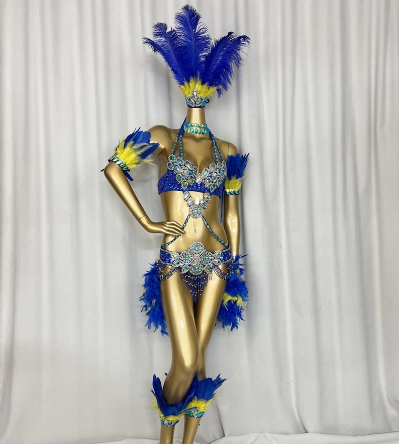 Carnival Dance Costume Women's Blue & Yellow Feathered Sequin Embellished Two-Piece Set with Headpiece & Leg Cuffs, Samba/Brazilian Dance