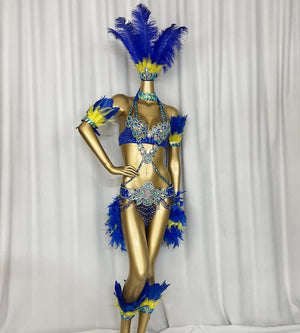 Carnival Dance Costume Women's Blue & Yellow Feathered Sequin Embellished Two-Piece Set with Headpiece & Leg Cuffs, Samba/Brazilian Dance