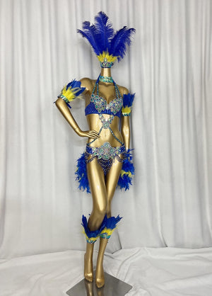 Carnival Dance Costume Women's Blue & Yellow Feathered Sequin Embellished Two-Piece Set with Headpiece & Leg Cuffs, Samba/Brazilian Dance