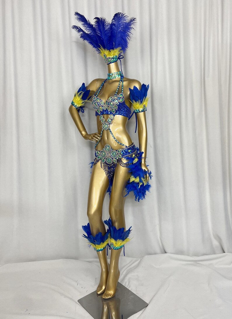 Carnival Dance Costume Women's Blue & Yellow Feathered Sequin Embellished Two-Piece Set with Headpiece & Leg Cuffs, Samba/Brazilian Dance