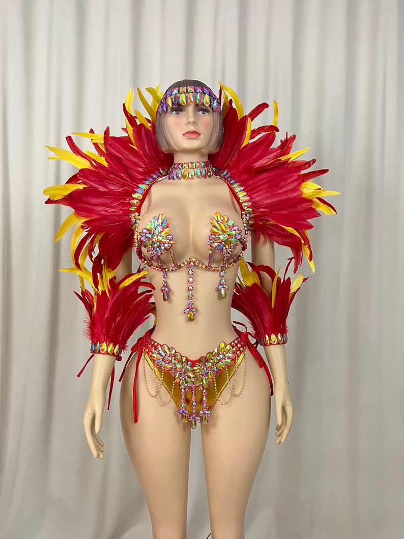 Carnival Dance Costume, Women's, Red & Yellow Feathered & Rhinestone Embellished, Samba/Carnival Dance