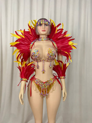 Carnival Dance Costume, Women's, Red & Yellow Feathered & Rhinestone Embellished, Samba/Carnival Dance