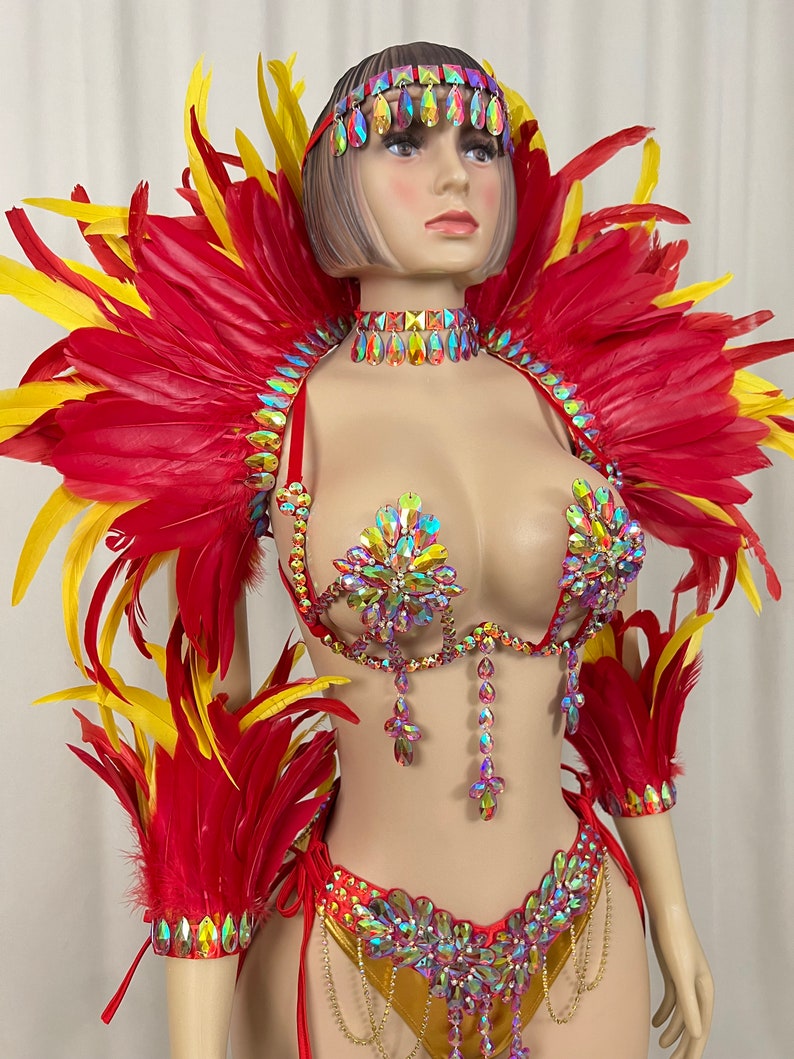 Carnival Dance Costume, Women's, Red & Yellow Feathered & Rhinestone Embellished, Samba/Carnival Dance