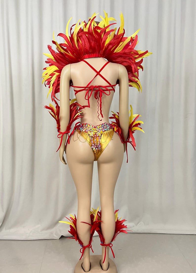Carnival Dance Costume, Women's, Red & Yellow Feathered & Rhinestone Embellished, Samba/Carnival Dance