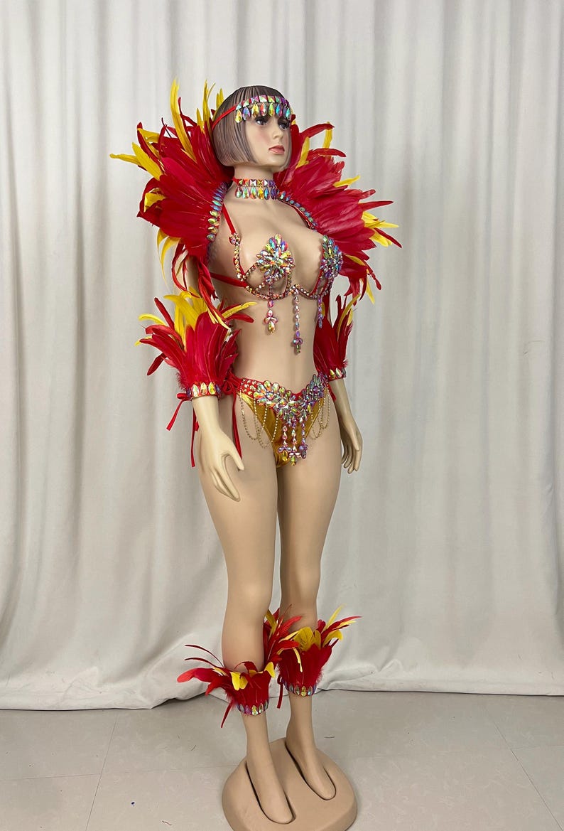 Carnival Dance Costume, Women's, Red & Yellow Feathered & Rhinestone Embellished, Samba/Carnival Dance