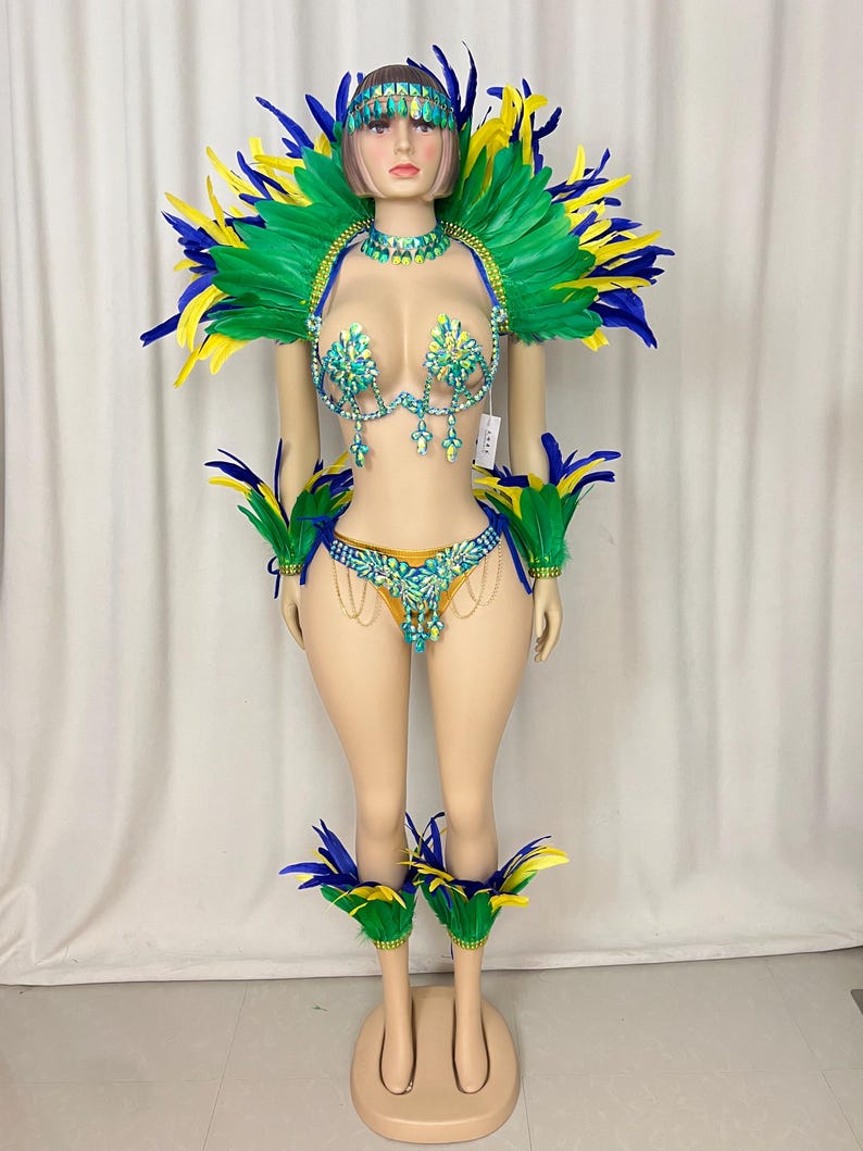 Carnival Dance Costume, Women's Green Yellow Blue Feathered Crystal Embellished Brazilian Samba Set