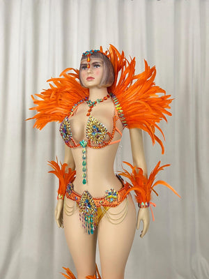 Carnival Dance Costume, Women's Orange Feathered Sequin Rhinestone Samba Mardi Gras Performance Outfit