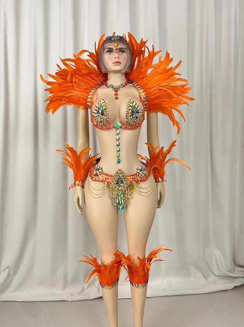Carnival Dance Costume, Women's Orange Feathered Sequin Rhinestone Samba Mardi Gras Performance Outfit