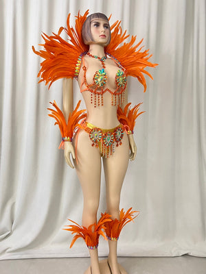 Carnival Dance Costume, Women's Orange Feathered Sequin Rhinestone Samba Mardi Gras Performance Wear