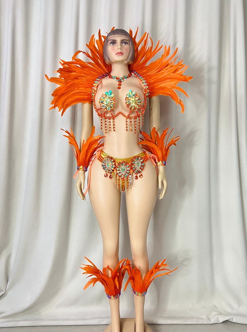 Carnival Dance Costume, Women's Orange Feathered Sequin Rhinestone Samba Mardi Gras Performance Wear