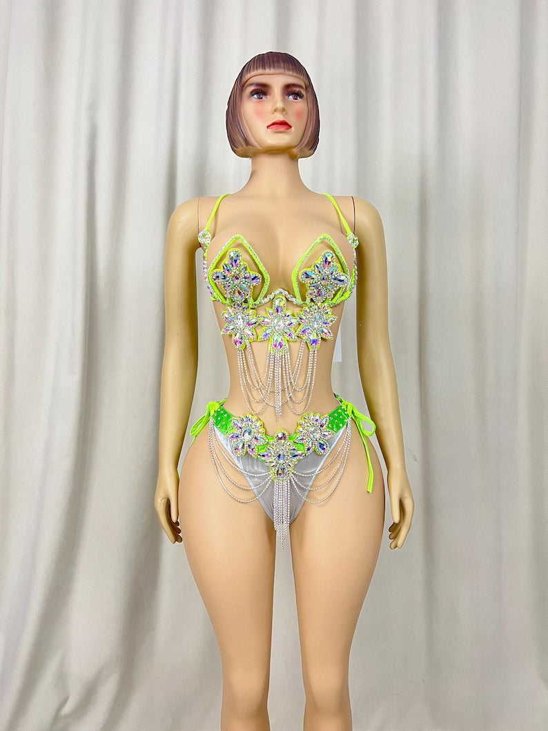 Dancewear Women's Neon Green & Silver Sequin Rhinestone Chain Fringe Bra & High-Cut Bottom Set for Carnival/Stage Performance