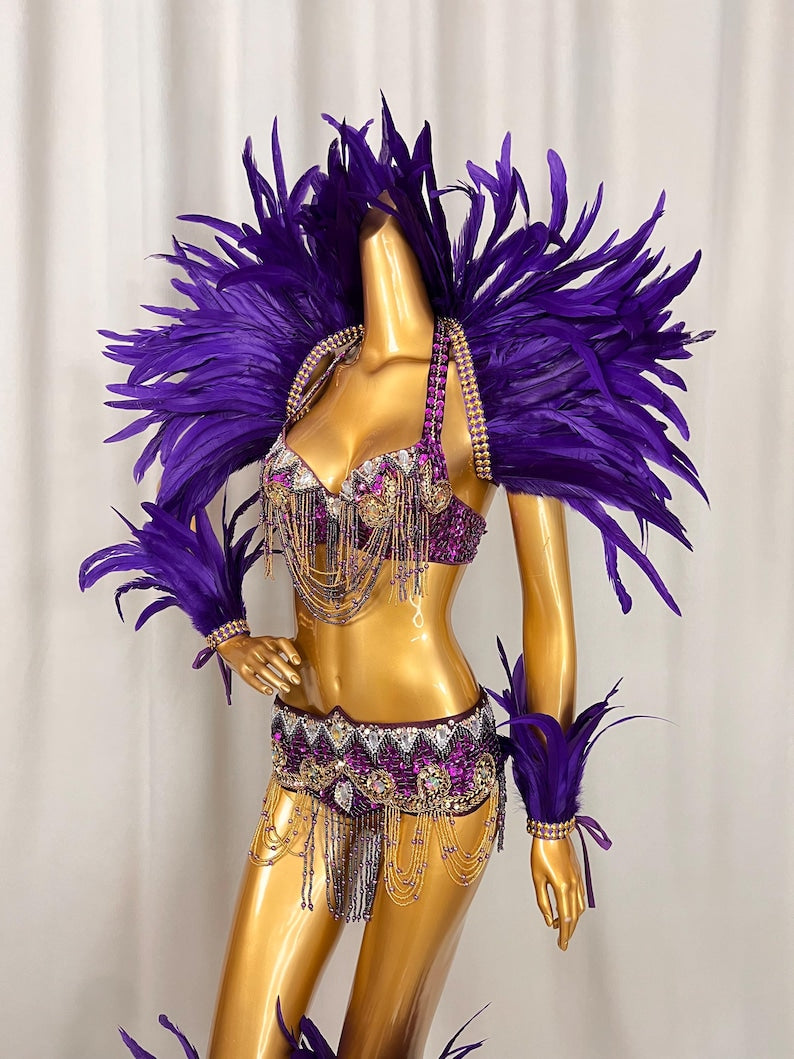 Women's Purple Sequin Feathered Latin Samba Dance Costume with Beaded Fringe