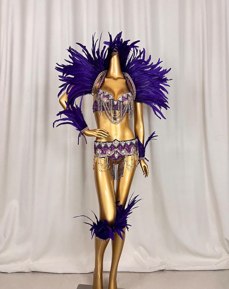Women's Purple Sequin Feathered Latin Samba Dance Costume with Beaded Fringe