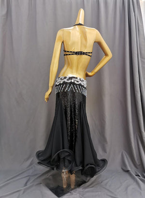 Belly Dance Adult Black Sequin Rhinestone Beaded Halter Bra and Slit Skirt Set