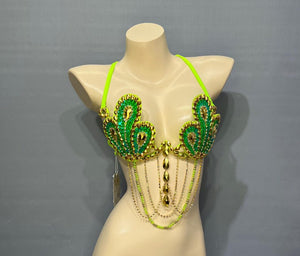 Dance Bra Top, Women's Green & Gold Sequin Beaded Halter, Carnival Samba Salsa Latin