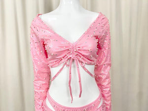 Women's Pink Sequin Ruched Crop Top and Mini Skirt Latin Dance Set