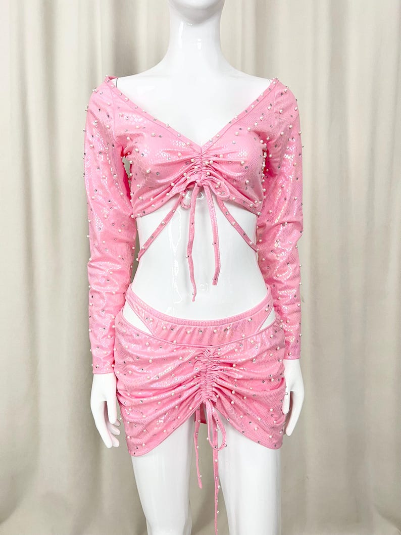 Women's Pink Sequin Ruched Crop Top and Mini Skirt Latin Dance Set