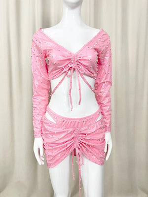 Women's Pink Sequin Ruched Crop Top and Mini Skirt Latin Dance Set