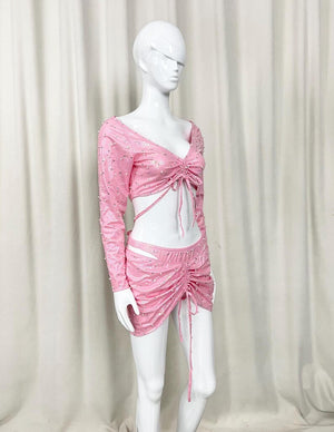 Women's Pink Sequin Ruched Crop Top and Mini Skirt Latin Dance Set