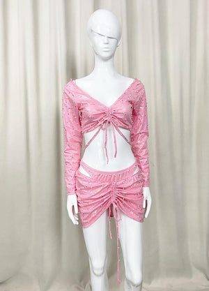 Women's Pink Sequin Ruched Crop Top and Mini Skirt Latin Dance Set