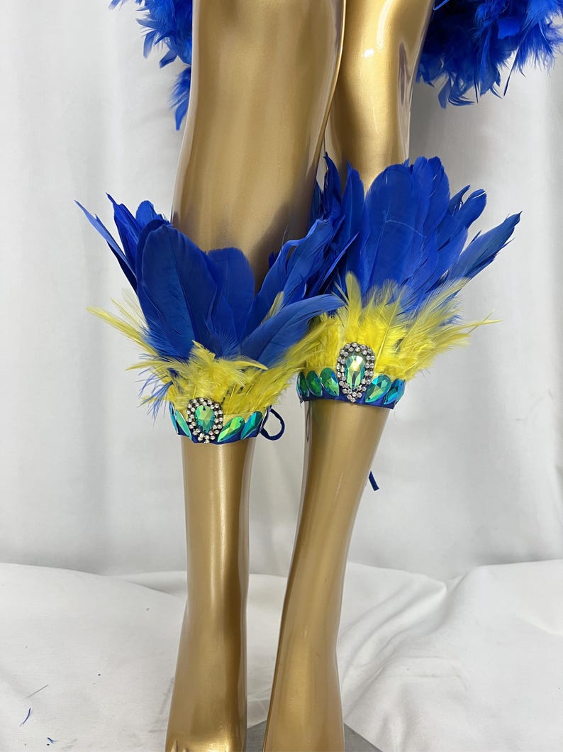 Carnival Dance Costume Women's Blue & Yellow Feathered Sequin Embellished Two-Piece Set with Headpiece & Leg Cuffs, Samba/Brazilian Dance