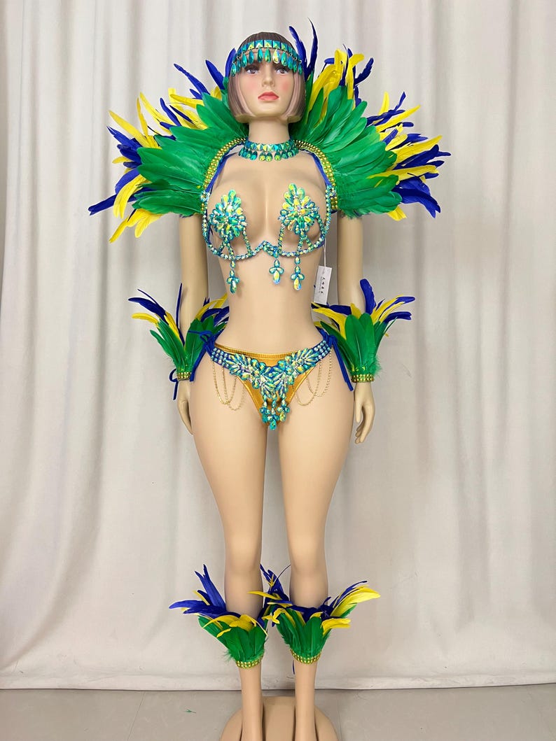 Carnival Dance Costume, Women's Green Yellow Blue Feathered Crystal Embellished Brazilian Samba Set