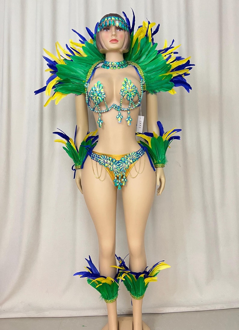 Carnival Dance Costume, Women's Green Yellow Blue Feathered Crystal Embellished Brazilian Samba Set