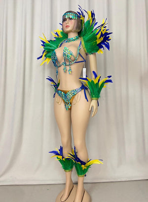 Carnival Dance Costume, Women's Green Yellow Blue Feathered Crystal Embellished Brazilian Samba Set