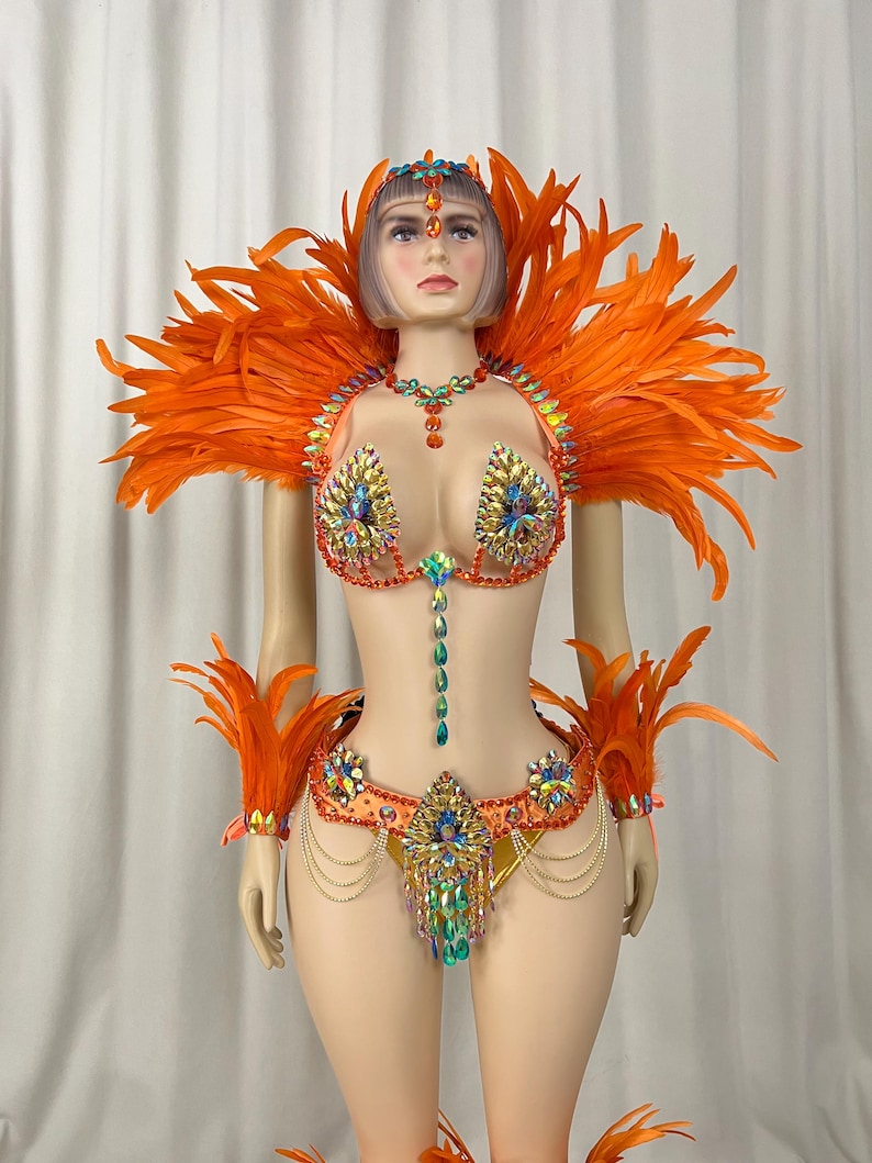 Carnival Dance Costume, Women's Orange Feathered Sequin Rhinestone Samba Mardi Gras Performance Outfit