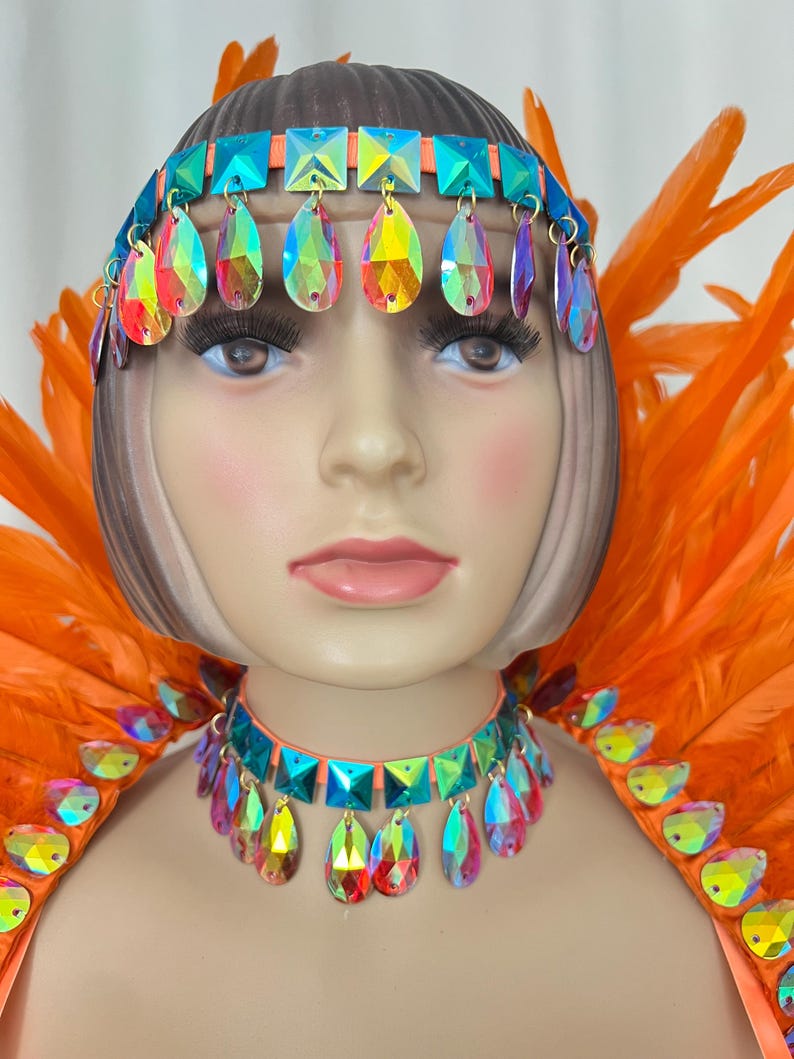 Carnival Dance Costume Women Orange Feathered Sequin Rhinestone Bikini Set with Headband, Armbands, and Ankle Cuffs