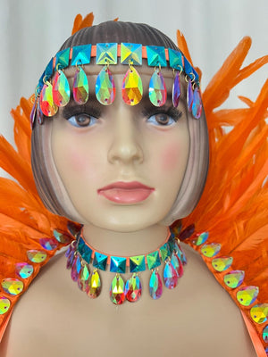 Carnival Dance Costume Women Orange Feathered Sequin Rhinestone Bikini Set with Headband, Armbands, and Ankle Cuffs