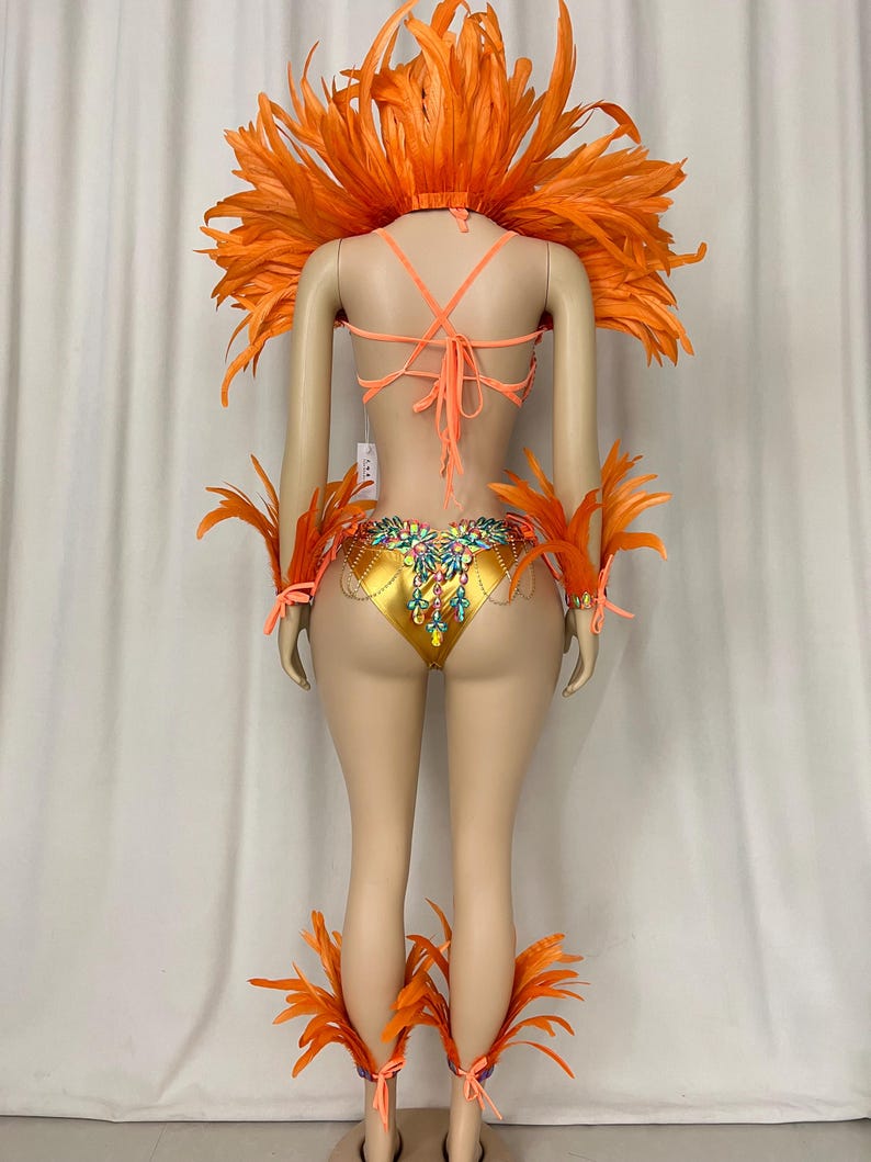Carnival Dance Costume Women Orange Feathered Sequin Rhinestone Bikini Set with Headband, Armbands, and Ankle Cuffs