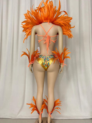 Carnival Dance Costume Women Orange Feathered Sequin Rhinestone Bikini Set with Headband, Armbands, and Ankle Cuffs