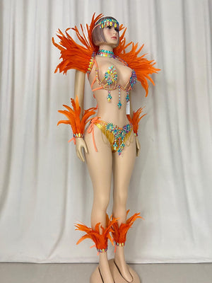 Carnival Dance Costume Women Orange Feathered Sequin Rhinestone Bikini Set with Headband, Armbands, and Ankle Cuffs