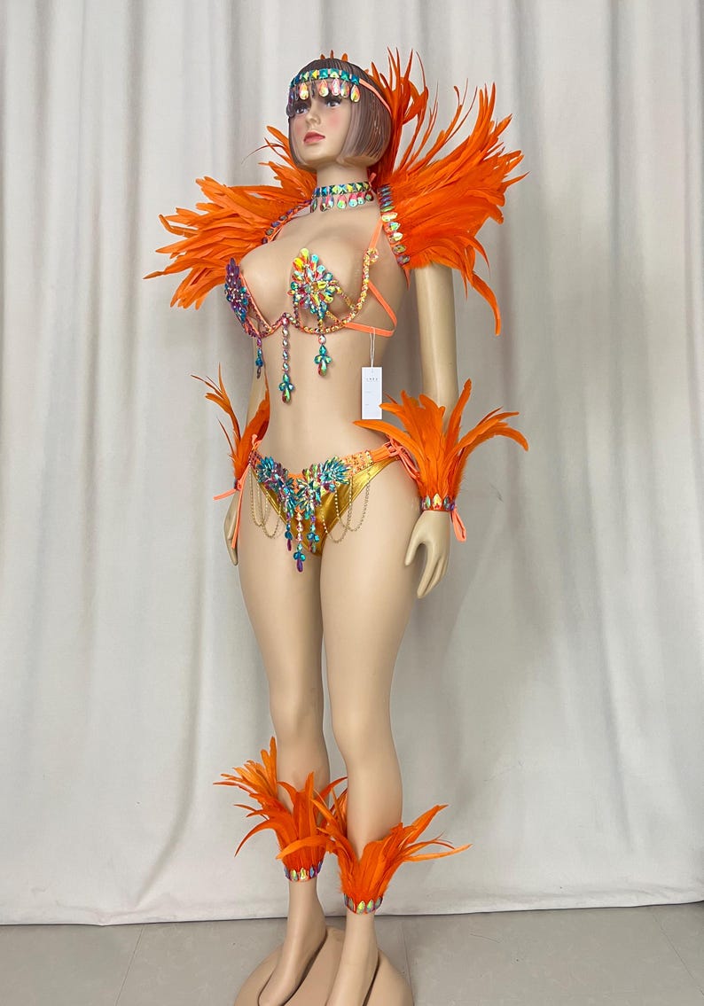 Carnival Dance Costume Women Orange Feathered Sequin Rhinestone Bikini Set with Headband, Armbands, and Ankle Cuffs