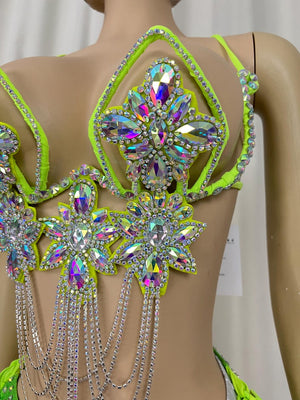 Dancewear Women's Neon Green & Silver Sequin Rhinestone Chain Fringe Bra & High-Cut Bottom Set for Carnival/Stage Performance