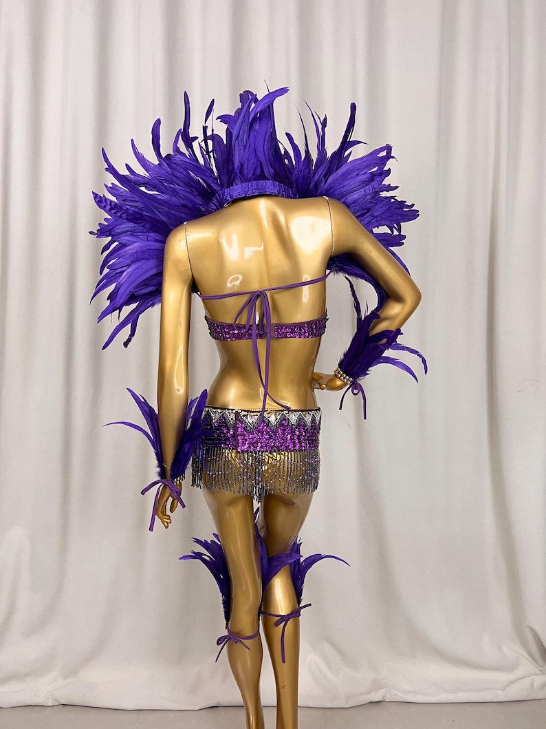 Women's Purple Sequin Feathered Latin Samba Dance Costume with Beaded Fringe
