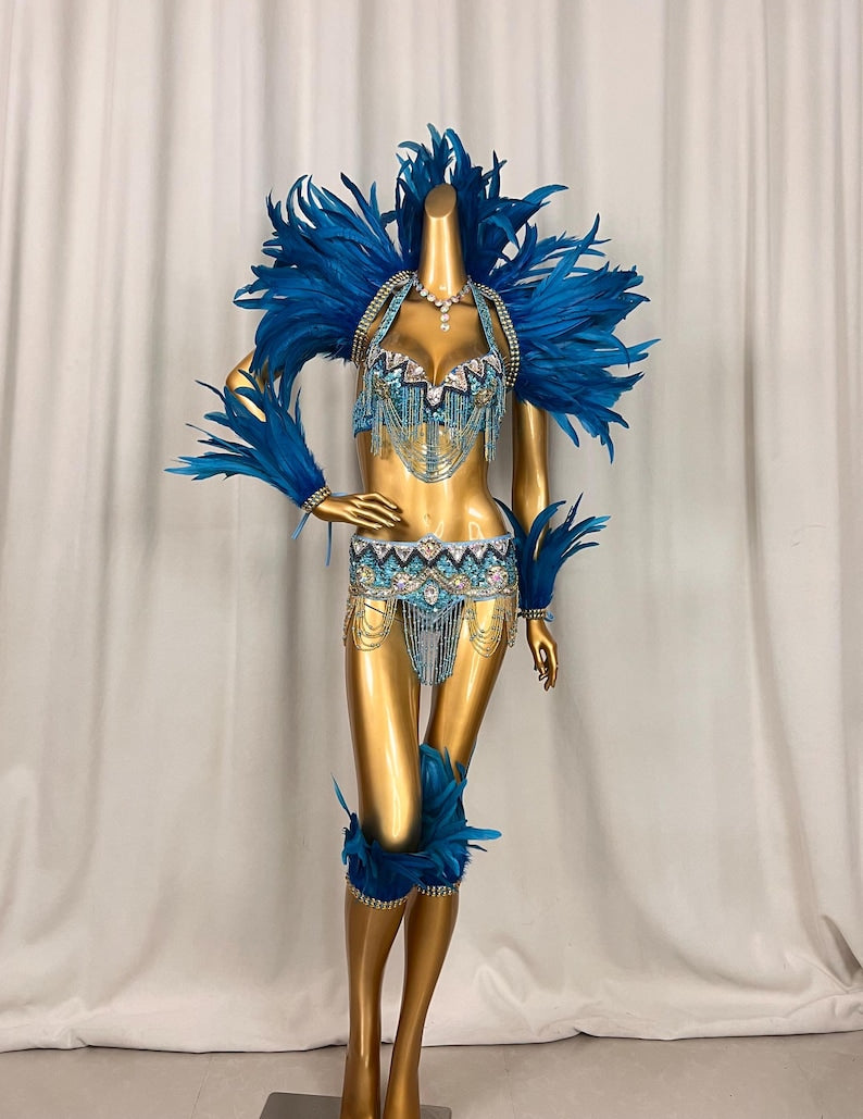 Women's Purple Sequin Feathered Latin Samba Dance Costume with Beaded Fringe