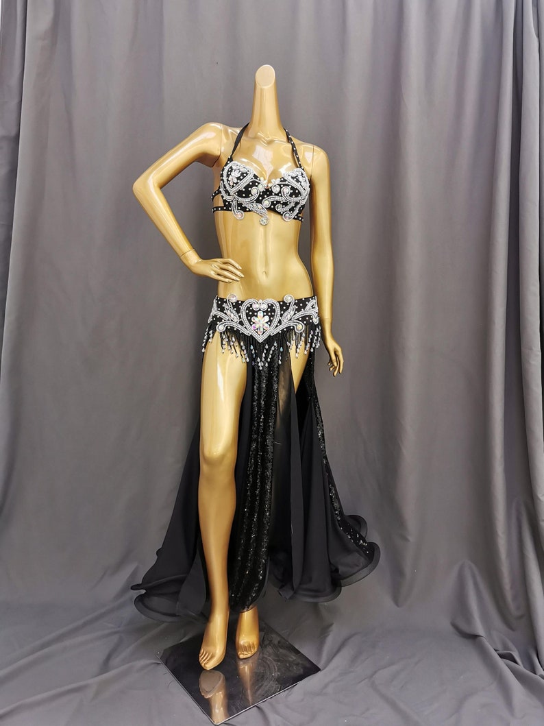 Belly Dance Adult Black Sequin Rhinestone Beaded Halter Bra and Slit Skirt Set