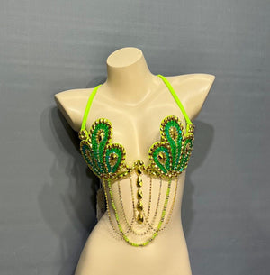 Dance Bra Top, Women's Green & Gold Sequin Beaded Halter, Carnival Samba Salsa Latin