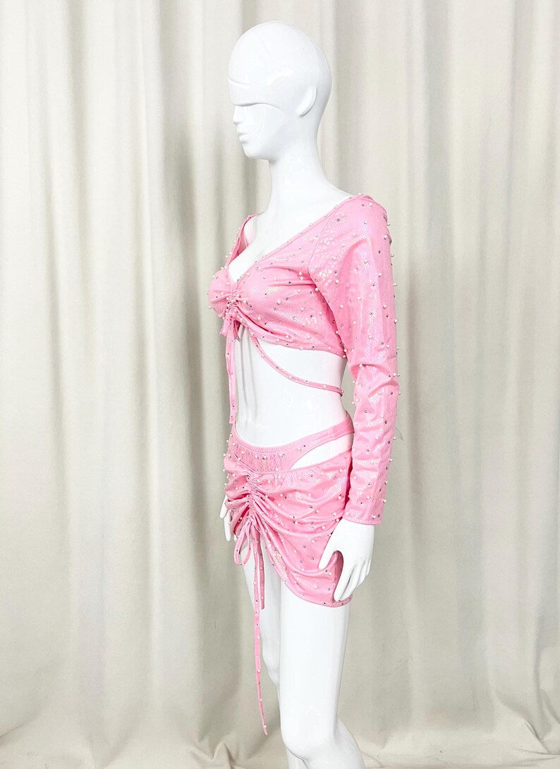 Women's Pink Sequin Ruched Crop Top and Mini Skirt Latin Dance Set