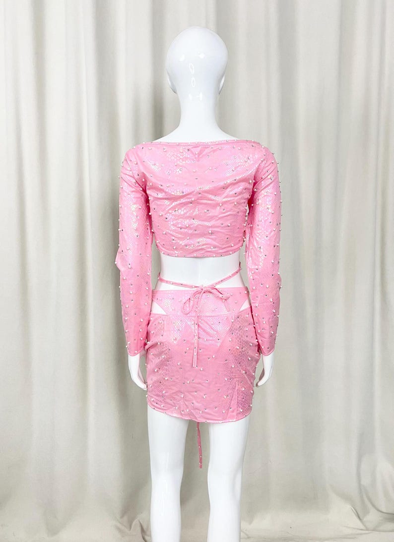 Women's Pink Sequin Ruched Crop Top and Mini Skirt Latin Dance Set