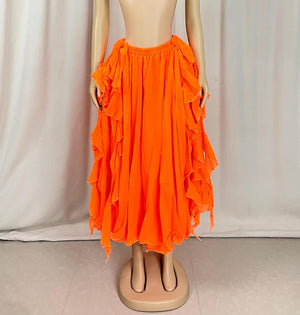 Belly Dance Women's Sky Blue Chiffon Ruffled Skirt with Sequin and Beaded Hip Scarf